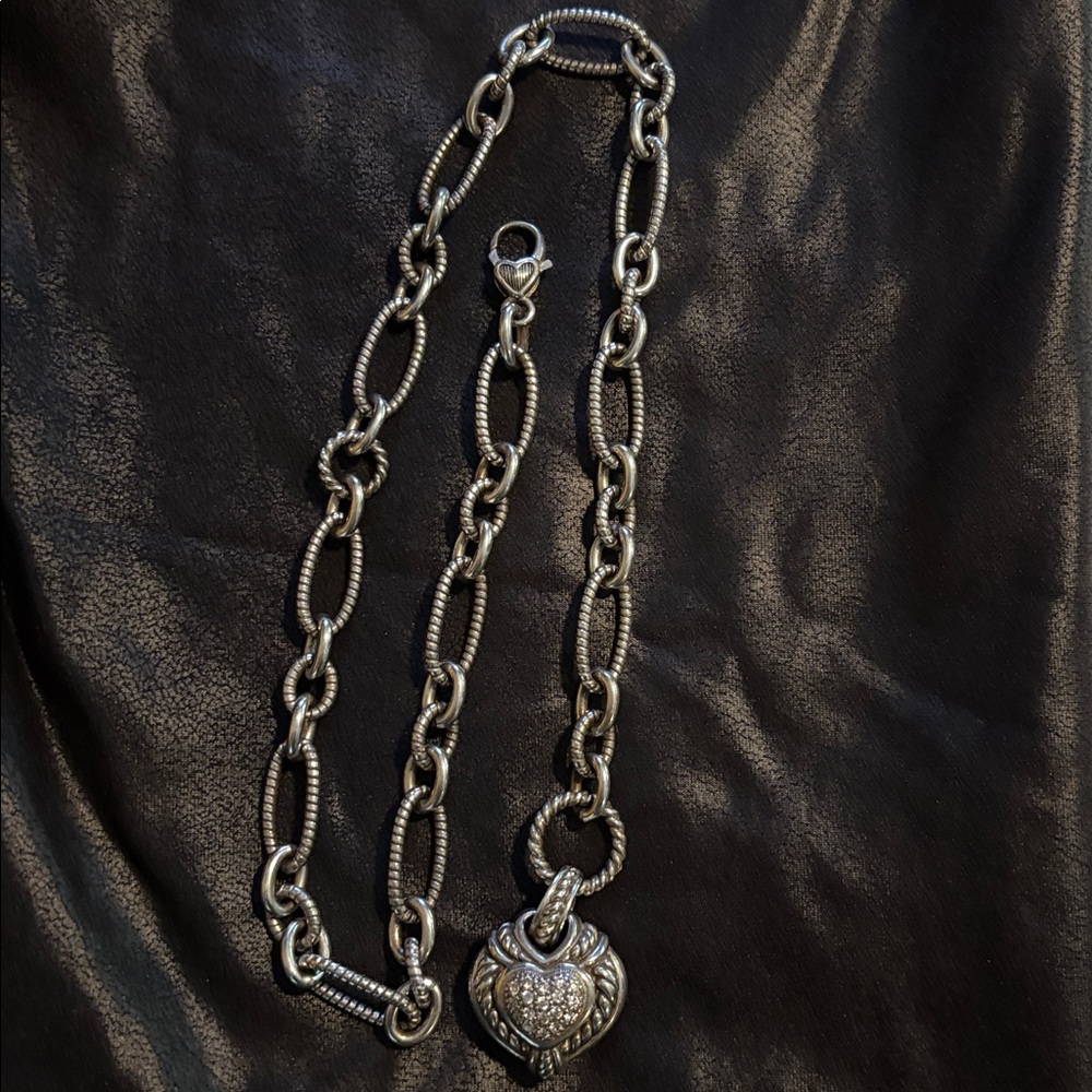 Judith Ripka heavy sterling silver chain and 2-sided heart pendant. Chain is 18”